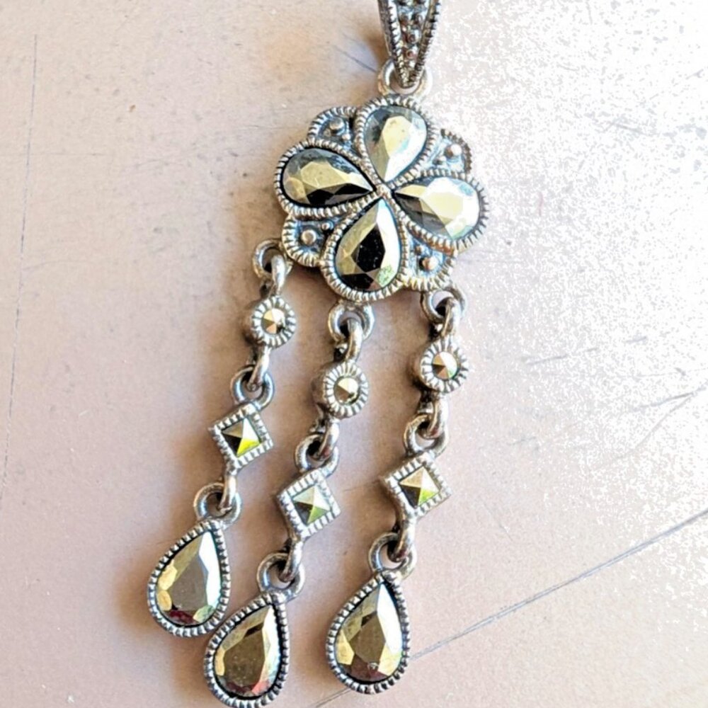 Silver Marcasite Drop Dangle Pendant With Teardrop Stones